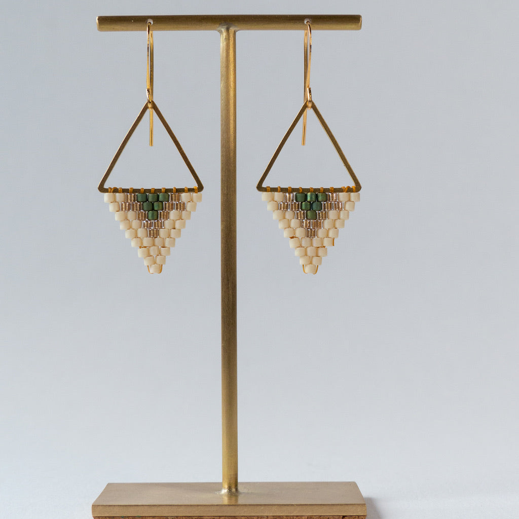 Cream, Sparkling Bronze and Green earrings Small Triangle