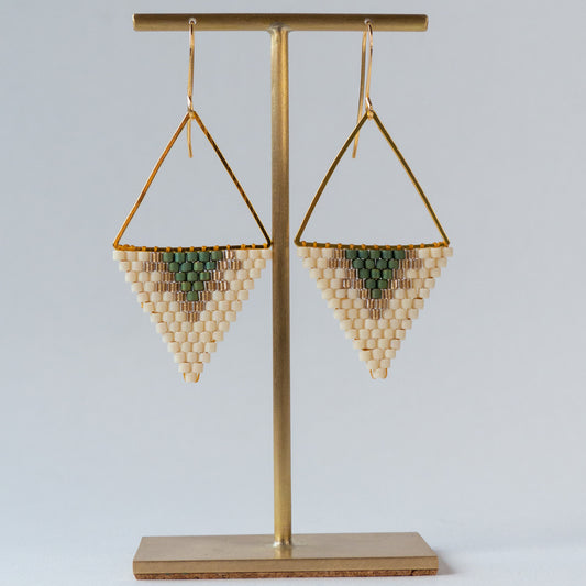 Cream, Sparkling Bronze and Green Earrings Large Triangle